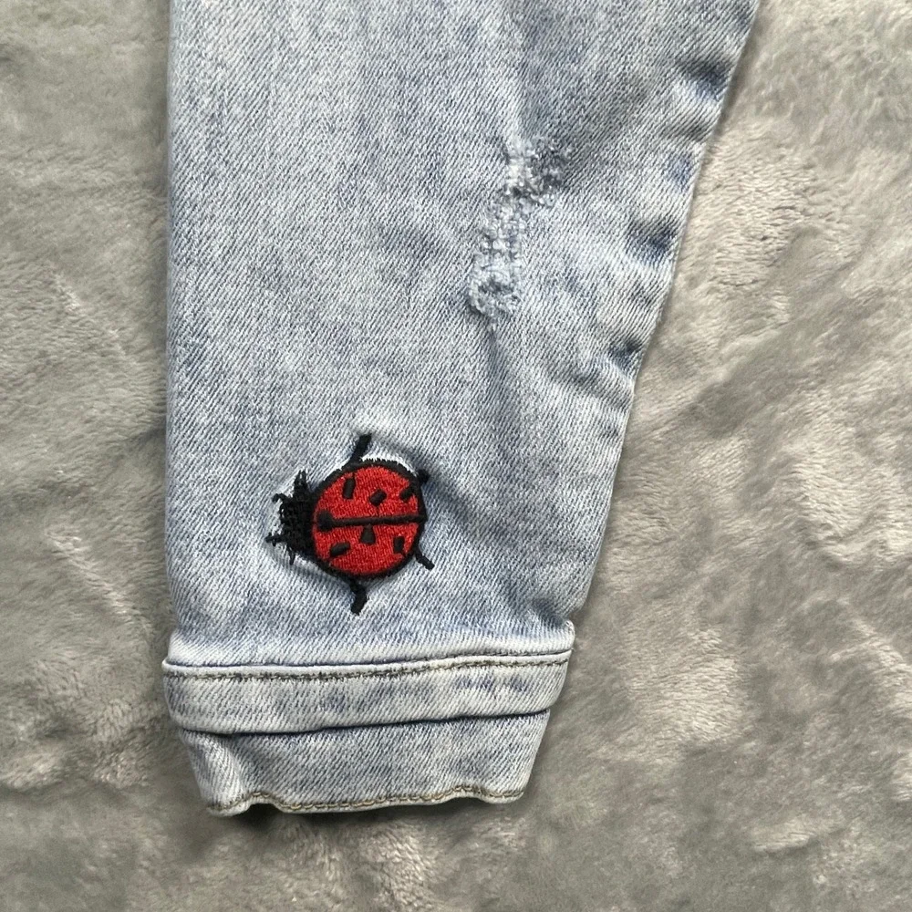 Zara Girls Embroidered Denim Jacket Light Wash Floral Bee Ladybug‎ Blue Size 14